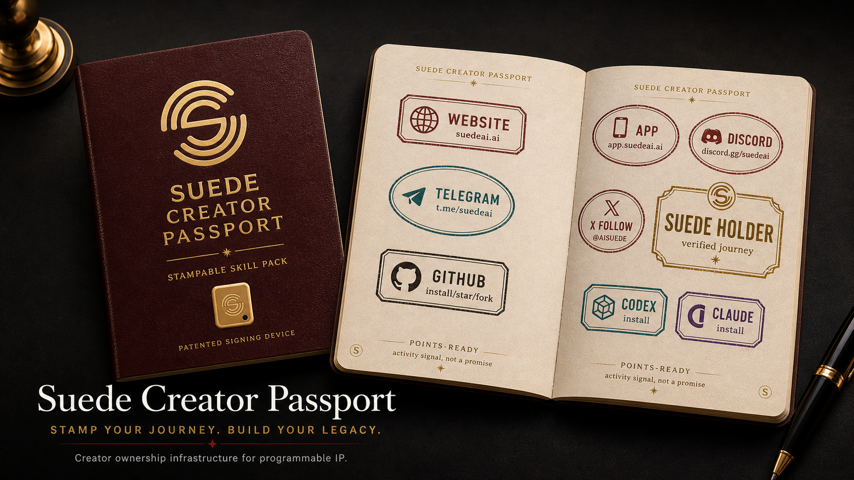 A premium Suede Creator Passport with the Suede emblem, Suede signing workflow, website, app, Discord, X, Telegram, GitHub, Codex, Claude, and Suede Holder passport stamps.