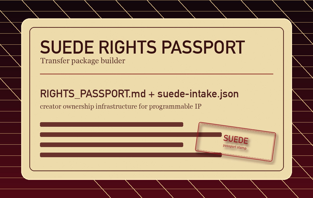 Suede Rights Passport preview card for provenance, splits, license notes, and Suede intake.